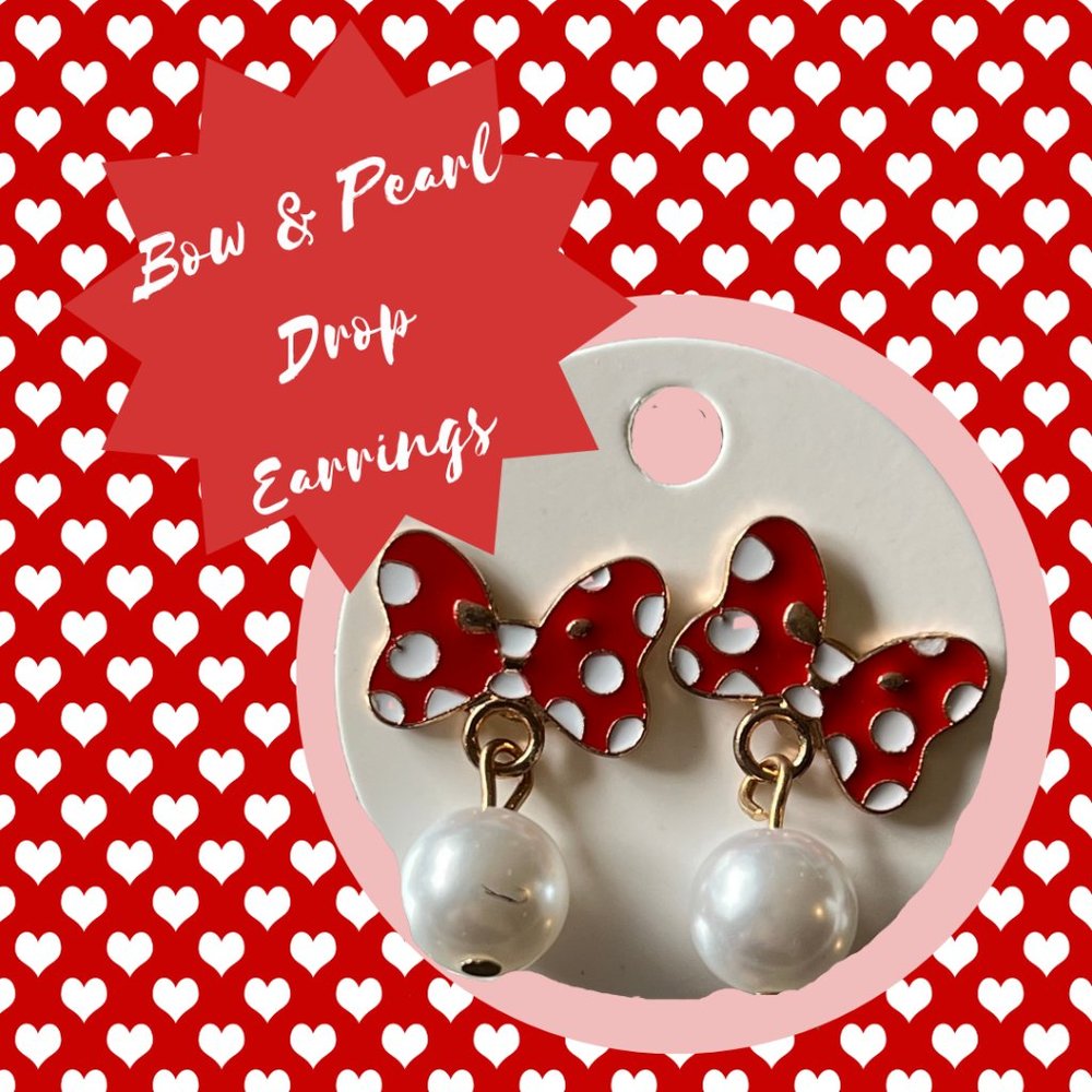 4/$20 Fun Red & White Polka Dot Bow and  Drop Pearl Earrings  ~ NEW